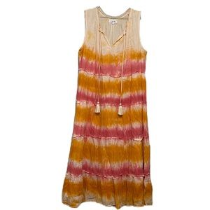 THML, Tie Dye, Tie Up & Ruffled Neckline, Sleeveless Dress, Multi, Large